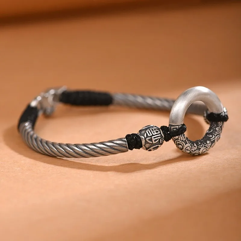 New in silver 925 Auspicious Cloud circular ring bracelet for women Retro Black Braided bangles charms Couple style fine Jewelry