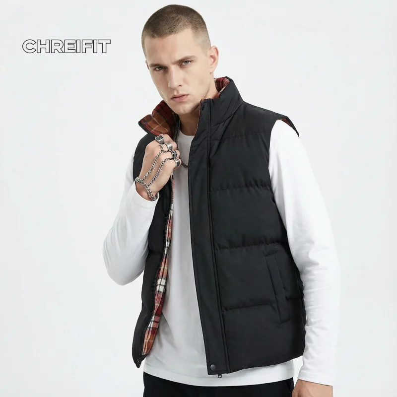 

Men's Winter Warm Down Vest 2025 New Fashion Black Quilted Puffer Vest with Plaid Lining for Outdoor Casual Wear, Lightweight an