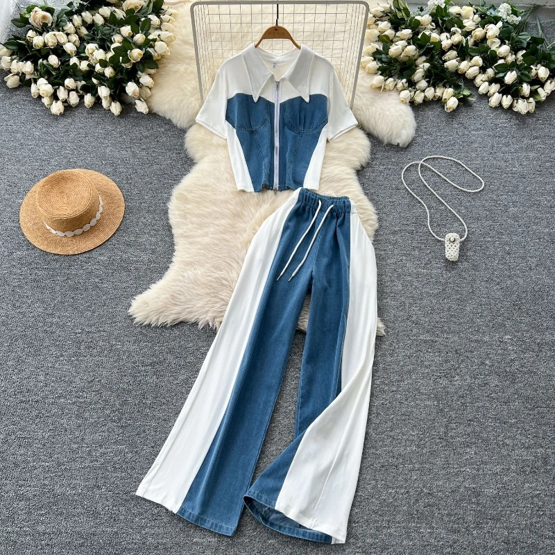 

Denim Pant Set Women Splice Two Piece Sets Turn Down Collar Short Sleeve Shirt Zipper Wide Leg Pants Lace Up Elastic Waist Work