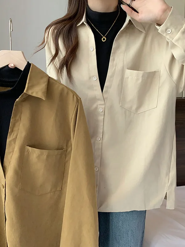 

plus Size Women's Long Sleeve Loose Shirt Hong Kong Style Inner Wear Top Slimming Effect Casual Collar Button down