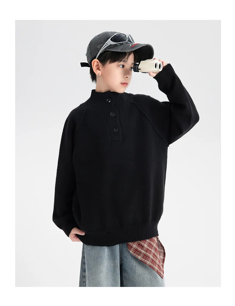 ملابس شتوية للأولاد سترة عصرية ورائعة بنصف رقبة عالية 2025 ملابس أطفال جديدة سترة محبوكة عصرية سميكة #4