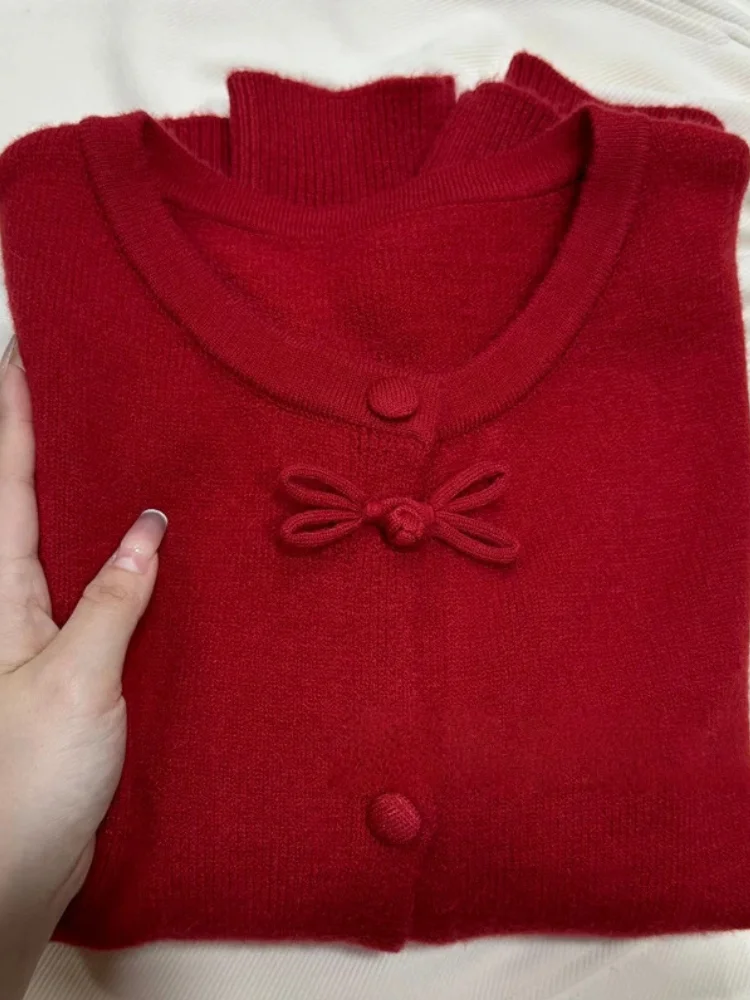 

Красный круглый вязаный свитер с узлом в китайском стиле, новый, модный женский топ, повседневный, свободного кроя, с длинными рукавами