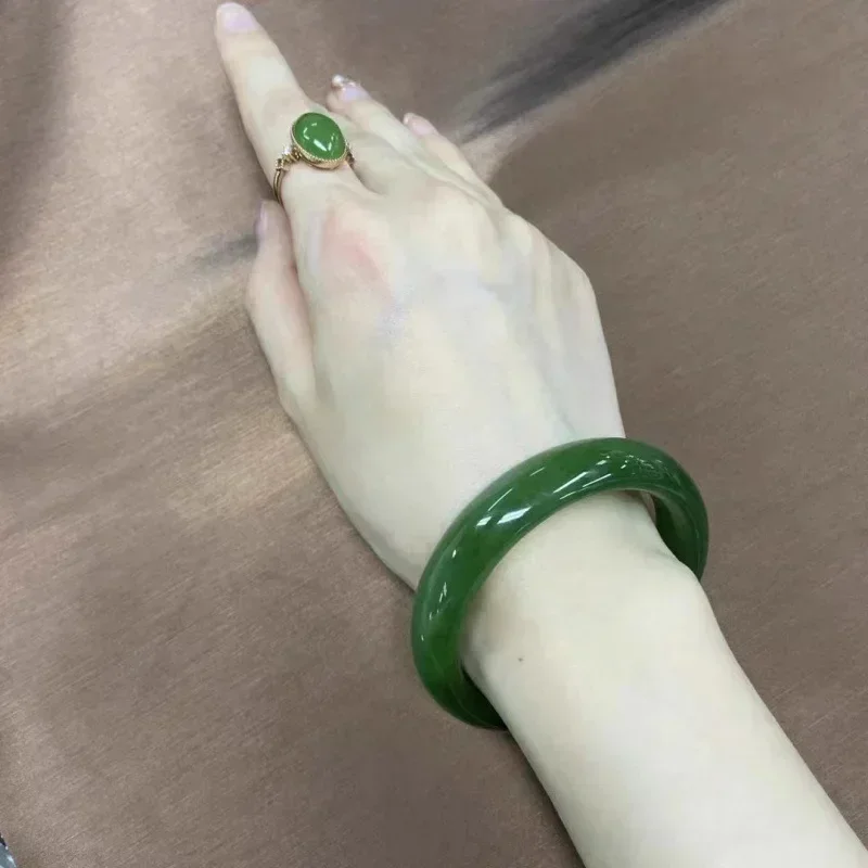 Wide Strip Spinach Green Jade Bangle Flat jade bracelet bangle bangles for women  jade bangle Raw Light Luxury