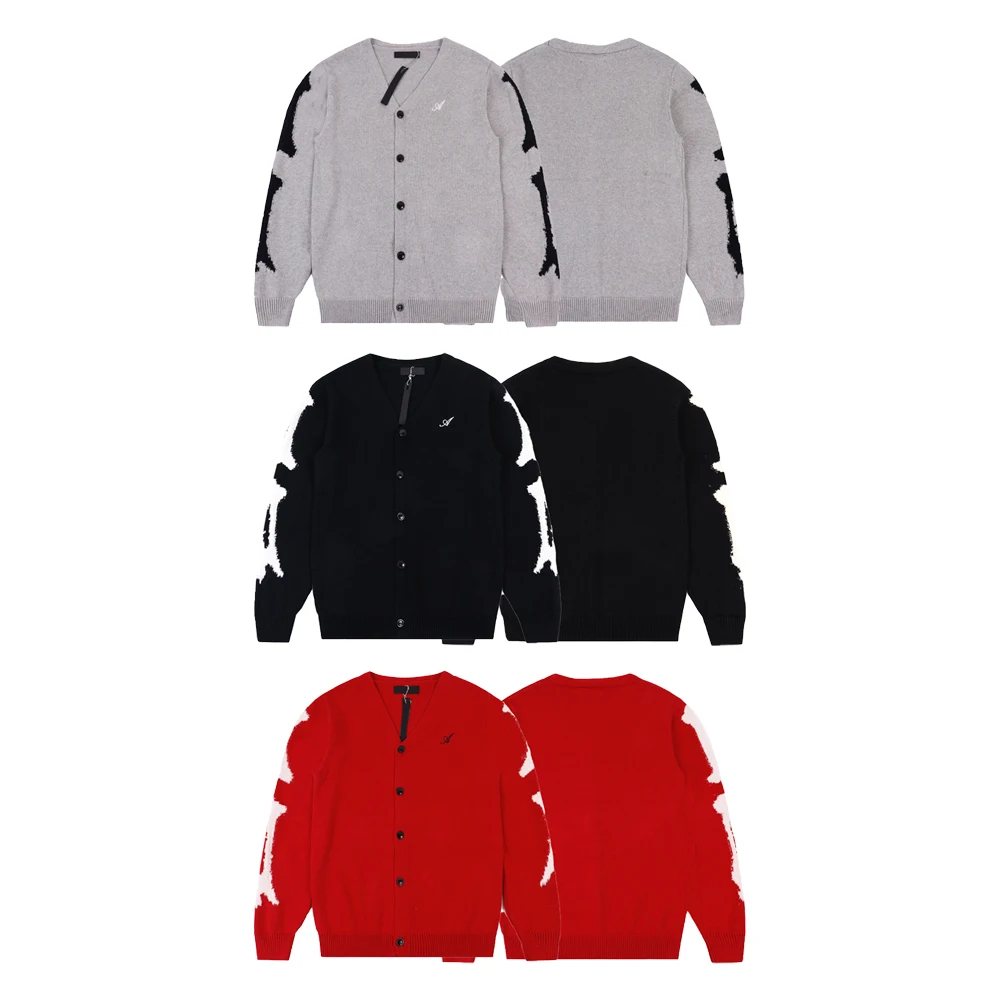 Kardigan Pria Street Wear V-Neck Rajut dengan Pola Tulang Gaya Hip Hop Sweater Rajut Kasual Katun Lengan Panjang