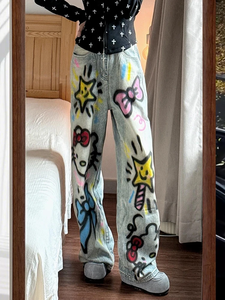

Hand-Dn fiti High-Waisted Women's Jeans Heavy-Design Sensation Dragging Pants Durable Worn-look Outdoor Casual Denim