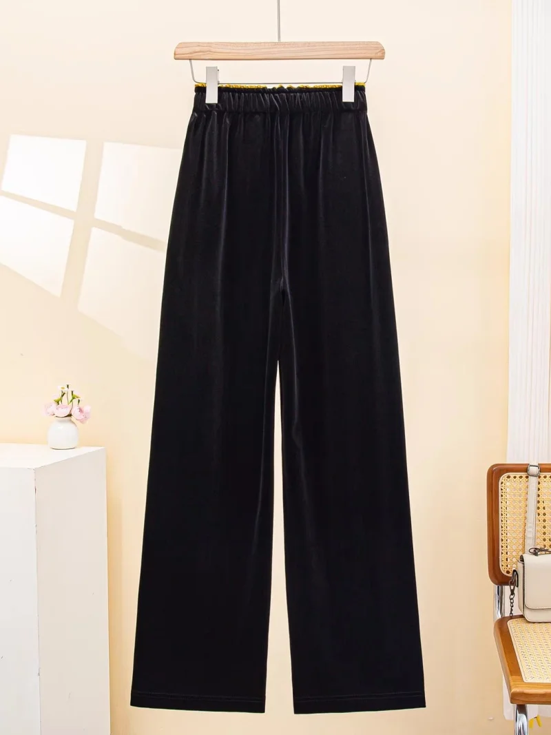 Chinese Style Retro Gold Velvet Pants, Spring Color Block Loose Trousers, High Waist Straight Casual Palazzo Pants Streetwear J1
