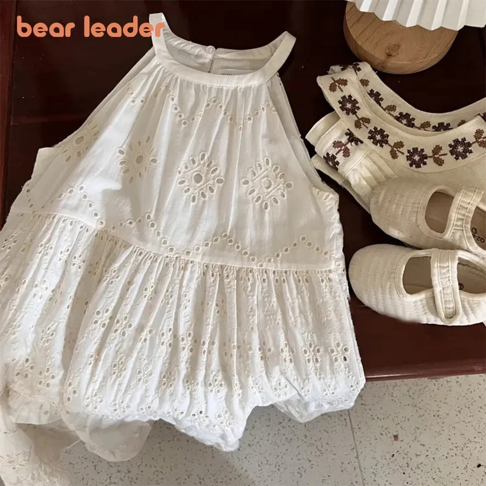 Bear Leader Cut-out Design Girl\'s Dress 2023 Summer Little Girl Fashion Sling White Holiday Medium Length Vest Dress Girls Dress