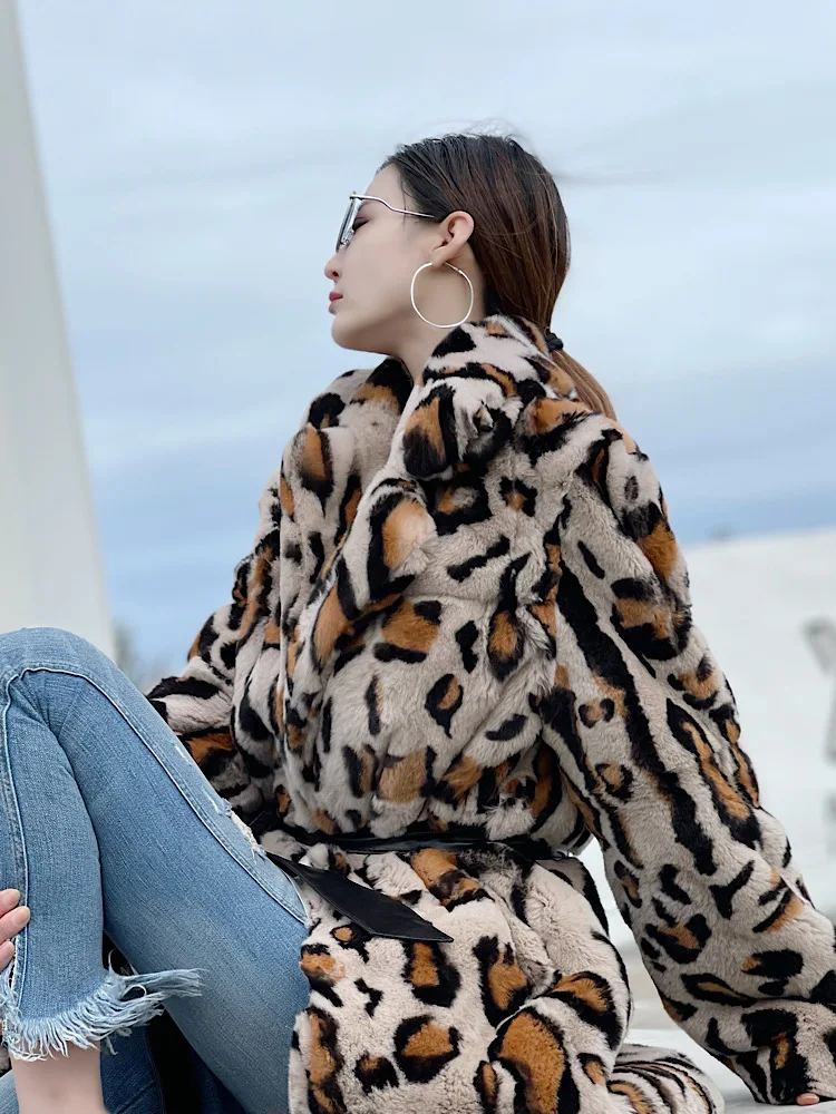 FURSHEHE 2024 Winter Women Natural Rabbit Fur Coat Female Warm Jacket Leopard Pattern Turn-down Collar Long Fashion Overcoat