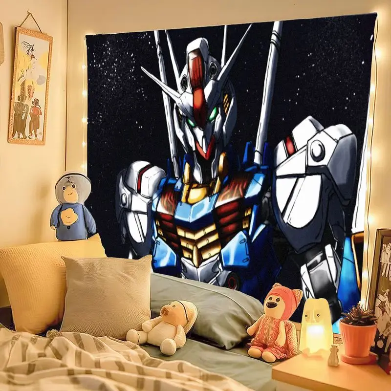 1PC Gundam-Style Futuristic Robot Tapestry Starry Night Sky White Blue Red Metallic Mech Wall Art Decor for Bedroom Living Room