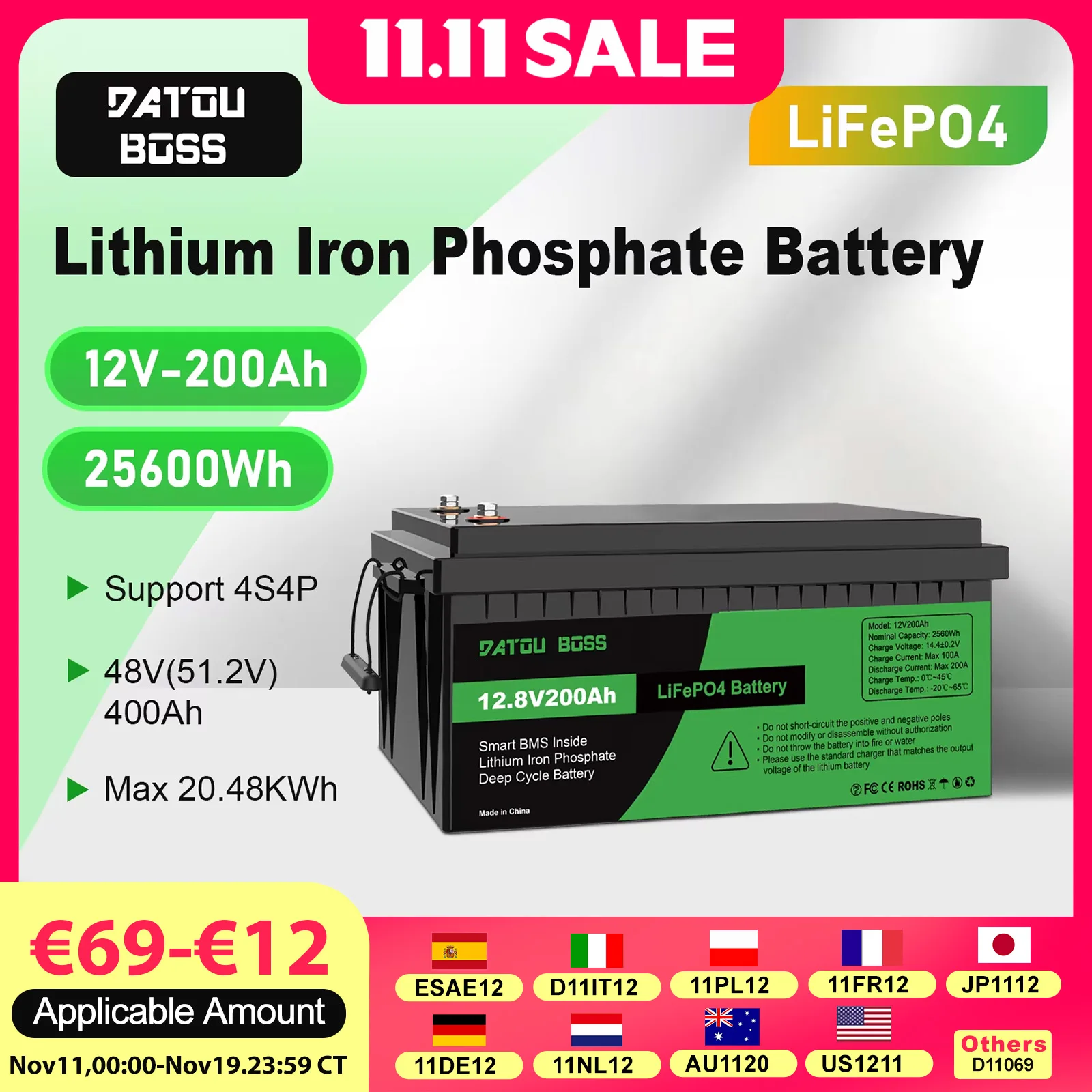 

Datouboss 12V 100 200 300ah Portable Rechargeable LiFePO4 battery built-in intelligent BMS system deep cycle 10000 + for RV