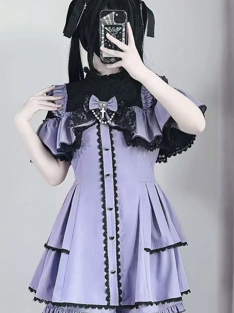 Traje Y2K de estilo japonés Mine producido en masa, minivestido ajustado con cordones y cuello tipo capa de encaje con lazo, pantalones cortos de cintura alta, conjunto de dos piezas para mujer