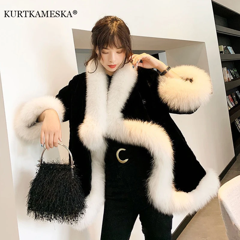 Winter Coat Fur Jacket Casual Outwear Women's Faux Fox Fur Coat Mid-length Plush Coat Loose Furry Womens Clothing Fox Fur Collar