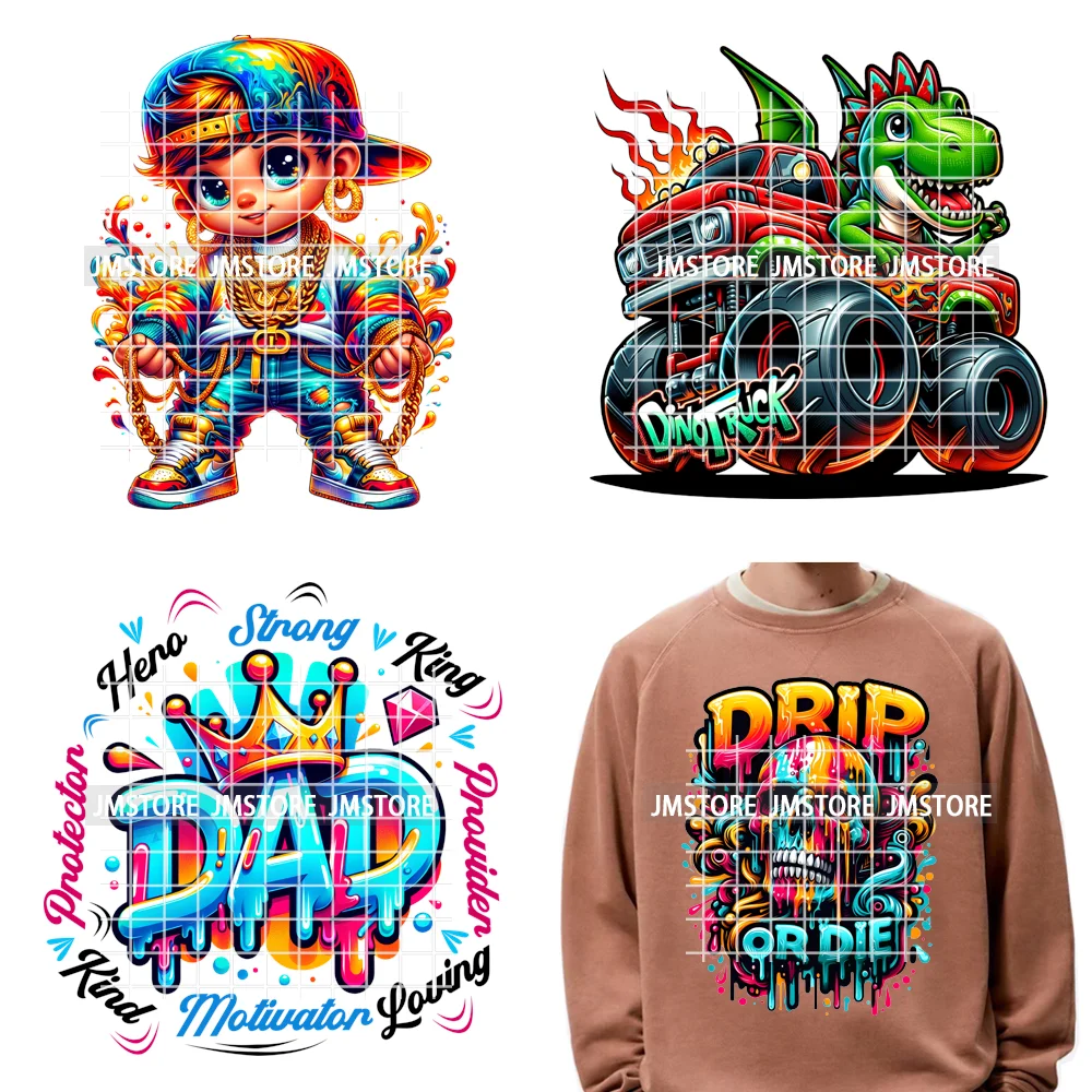 

12in Dino Trucks Drip Or Die Skull Beats Graffiti Streetwear Man Design Iron on DTF Transfer Stickers Ready to Press for Clothes