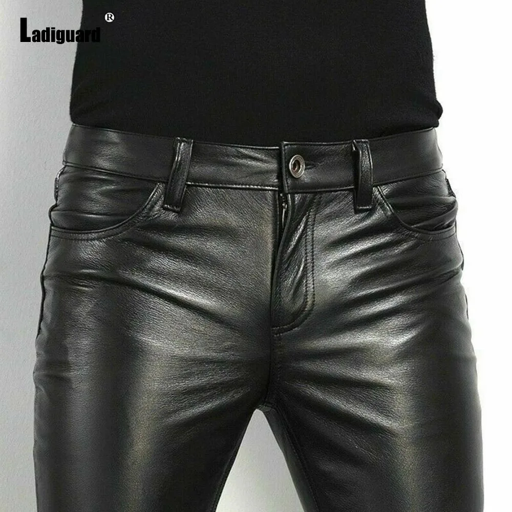 2025 Rock Style PU Leather Pants Men's Sexy Night Club Dance Pants Men Fashion Zipper Faux Leather Slim Motorcycle Trousers New
