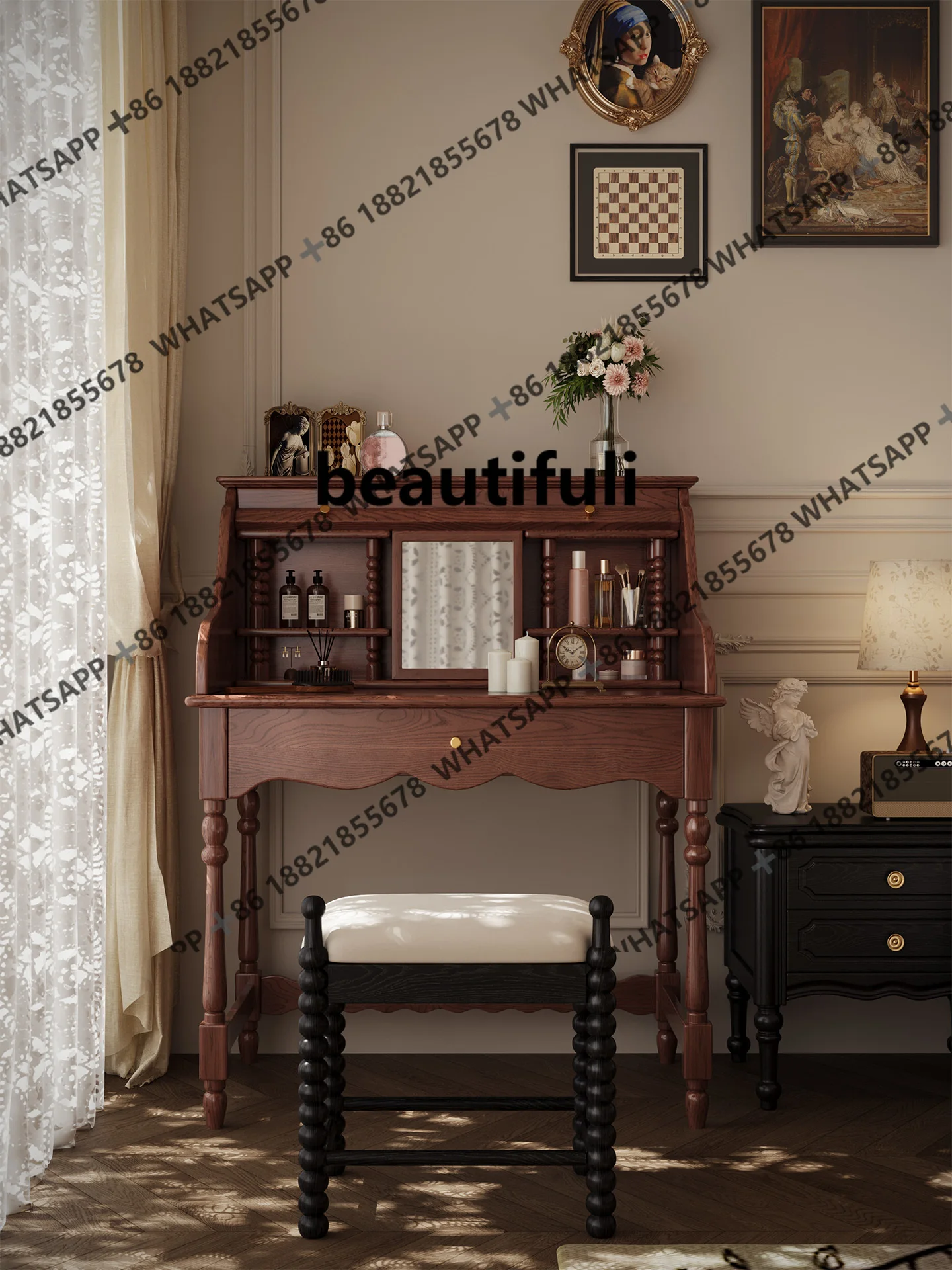 

French solid wood dressing table dresser small bedroom used bedside dresser American vintage