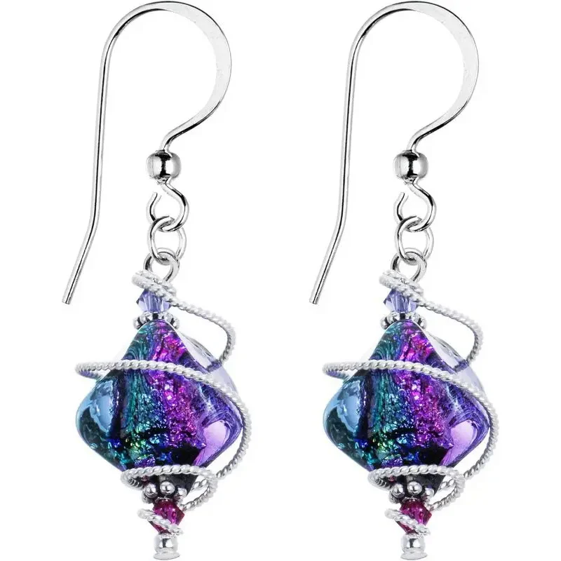 

Handcrafted 925 Silver Purple Dichroic Drop Dangle Earrings Created with Crystals