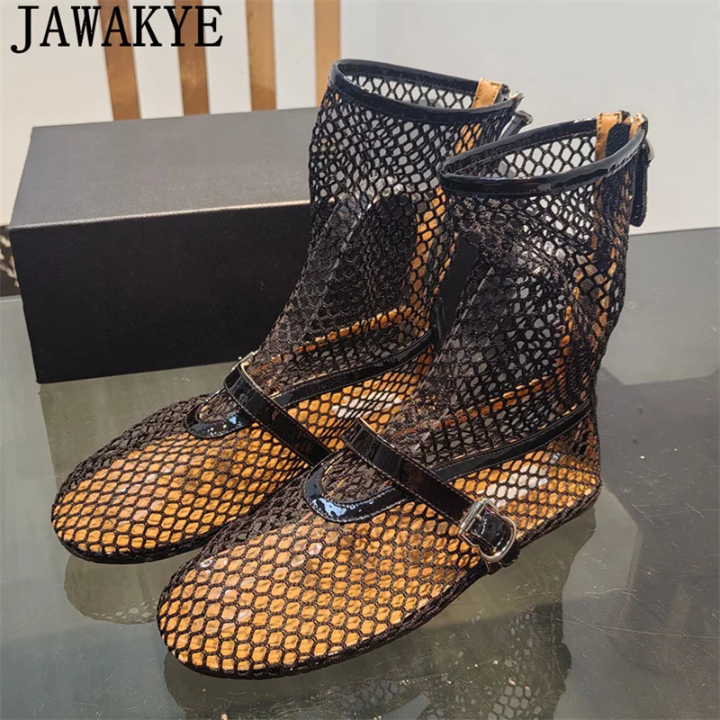 

Multicolour Mesh Hollow Flat Ankle Boots Women See-through Chelsea Short Boots Summer Fishing net Runway Party Boots Woman