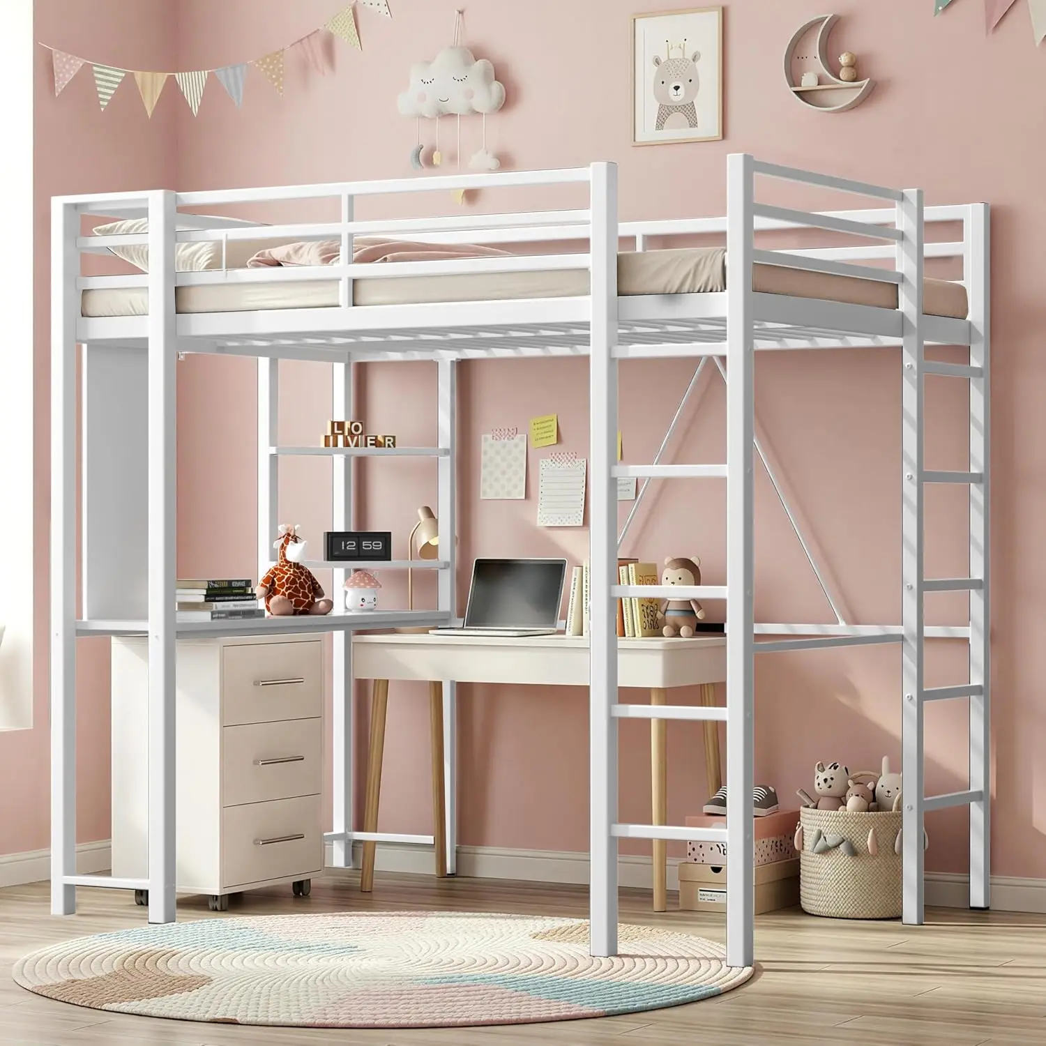 Full Size Loft Bed with Desk & Shelves, 13