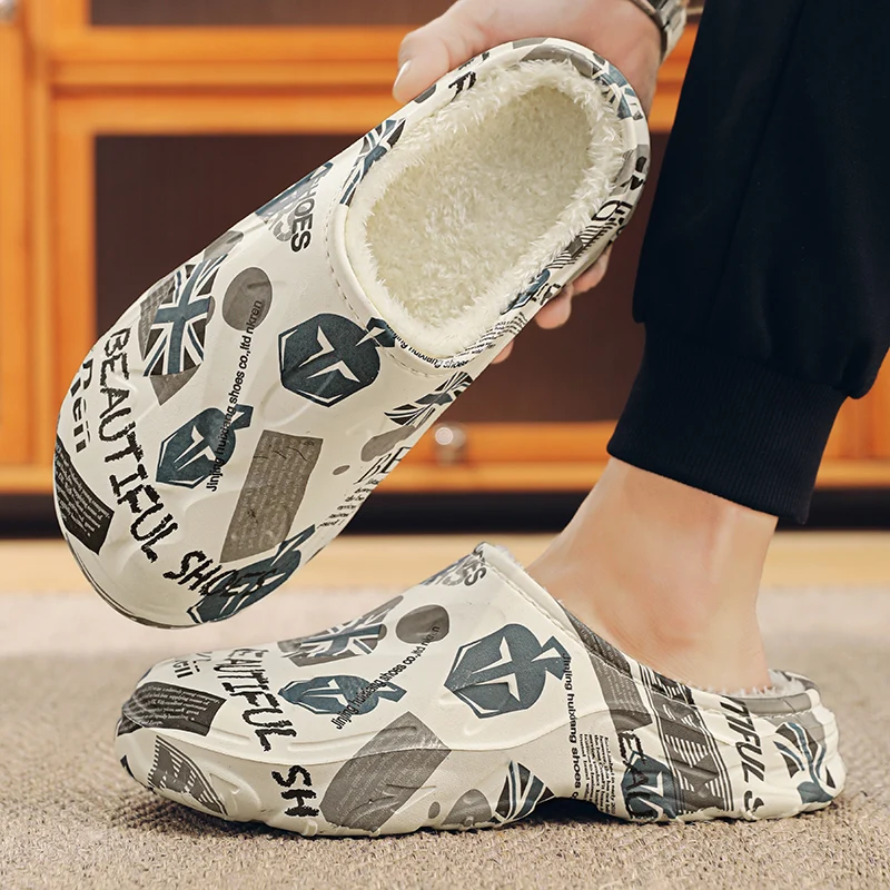 New Stylish Men Casual Slippers Big Size Winter Warm Home Slippers Non-Slip Male Cotton Shoes Waterproof Soft EVA Slippers 38-47