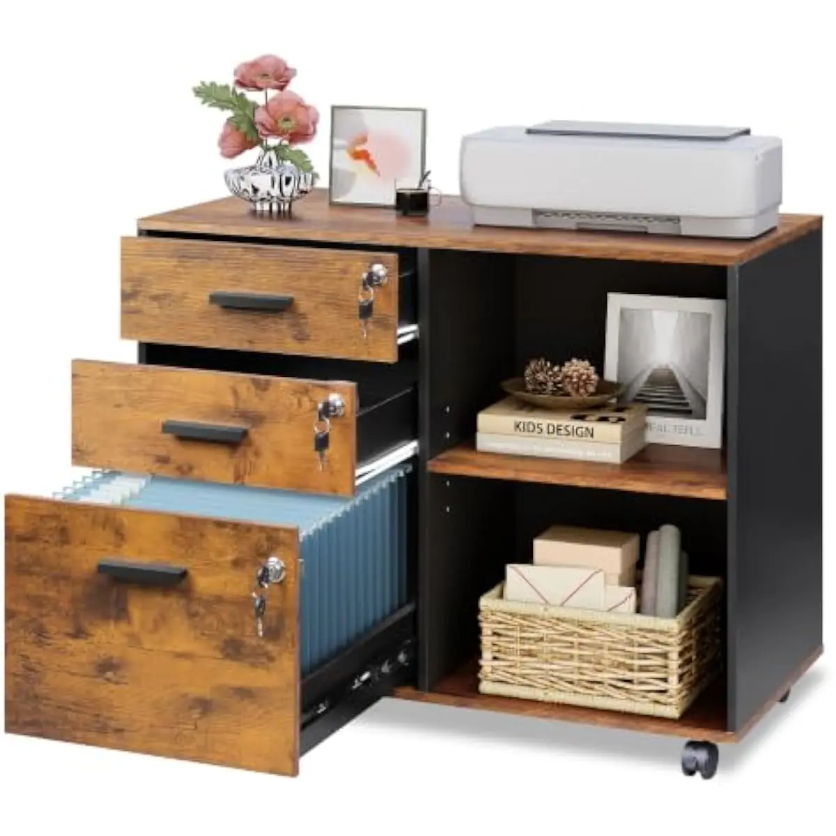 Three-drawer lateral filing cabinet with locking mechanism engineered wood construction waterproof scratch-resistant surface 15.