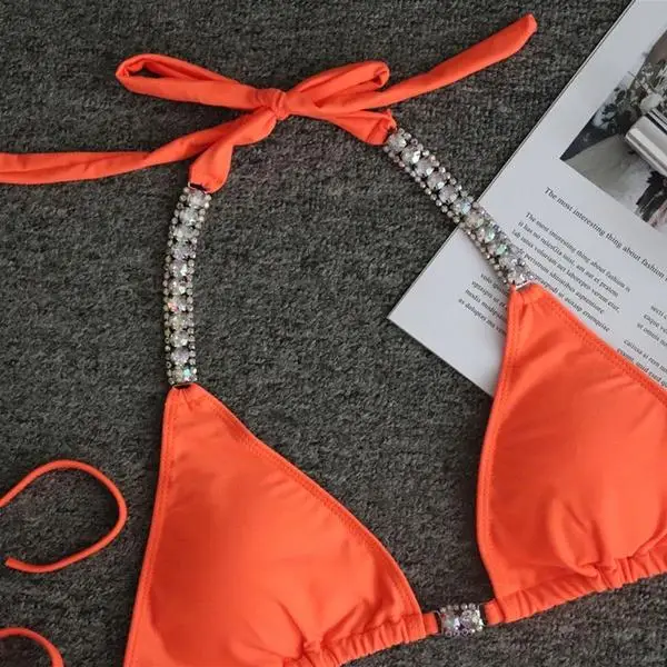 Mais novo verão de luxo strass bandagem beachwear push up sutiã conjunto biquíni moda feminina verão diamante maiô