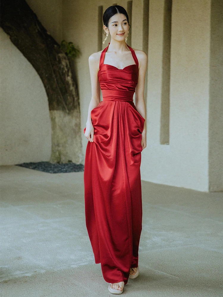 

Элегантное красное атласное вечернее платье для женщин: роскошное, с эффектом драпировки, для свадьбы, помолвки, церемонии, длинная юбка