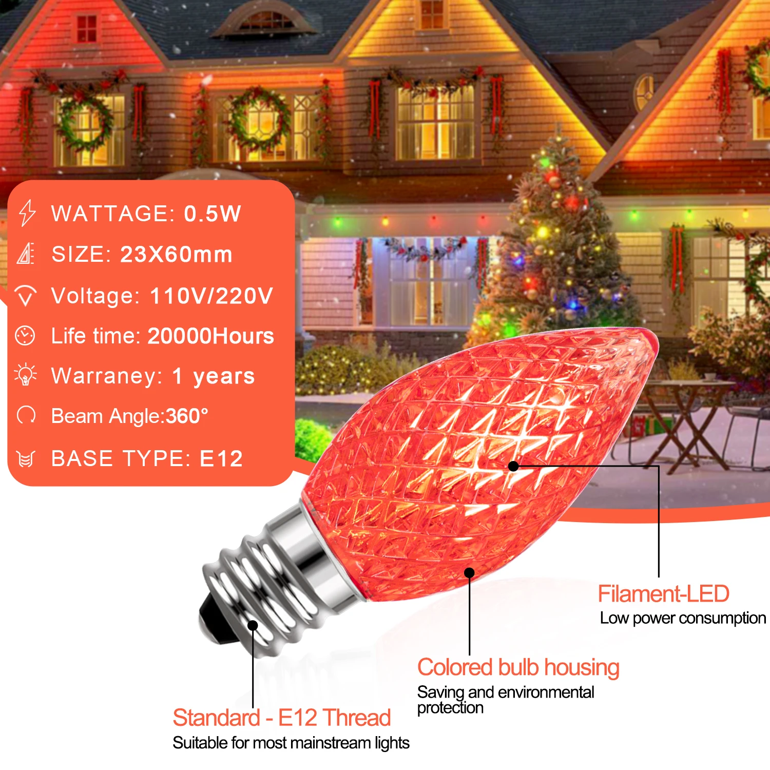 25 Sets of C7 Led Christmas Light Bulb E12 Candelabra Base 1Watt Shatterproof Multicolored String Light Garland Replacement Bulb