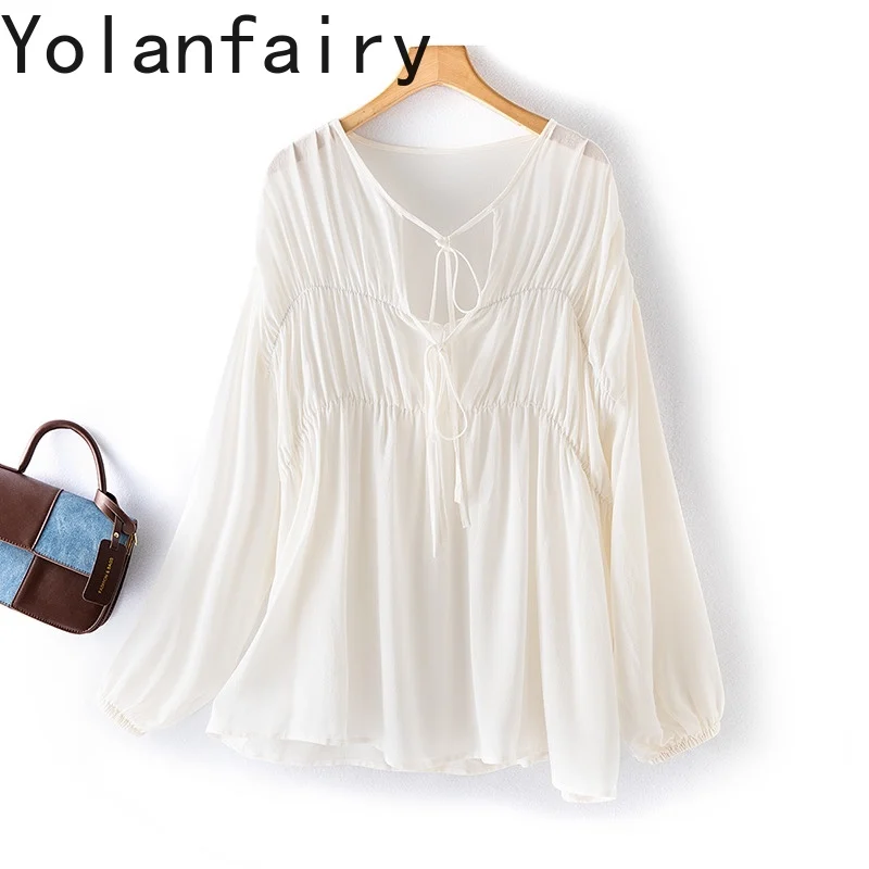 

YOLANFAIRY 100%Real Mulberry Silk Summer Blouse Woman Romantic French Pleated Blouses O-Neck Loose Women Top Long Lantern Sleeve