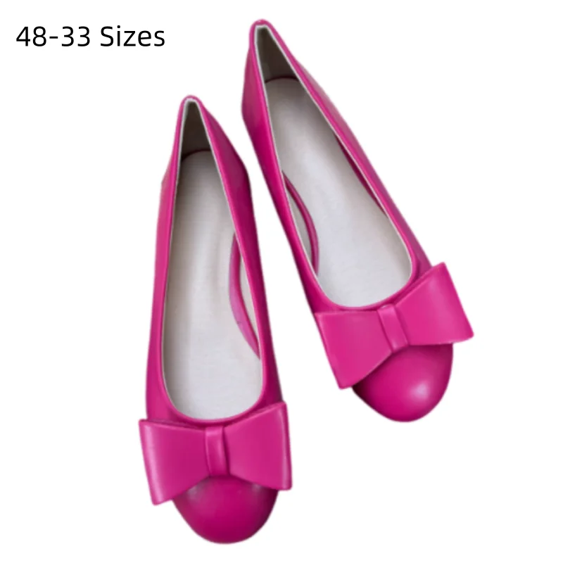 

2026 New Arrival Round Tip Noiseless Ballet Flats Soft Leather Shoes White Big Size 48 46 Bow Cute Slip-On For Ladies Wide Fits