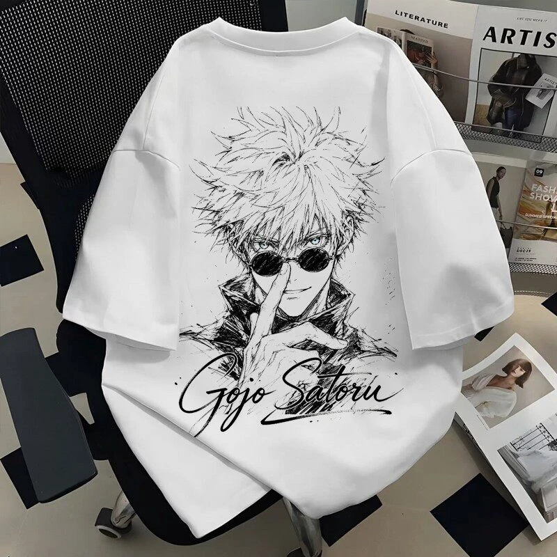 Image of Herren Oversize Anime Gojo Satoru Grafik-T-Shirt, Vintage-Skizzen-Print Lässiges Kurzarm-Oberteil Unisex Sommer Streetwear T-Shirts