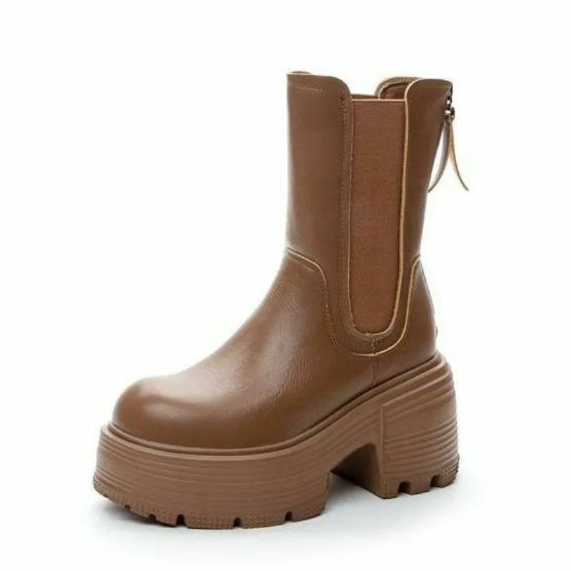 9cm New ROME Genuine Leather Ankle Motorcycle Chelsea Booties Women Autumn Ladies Elastic Spring Arch Support Stable Shoes