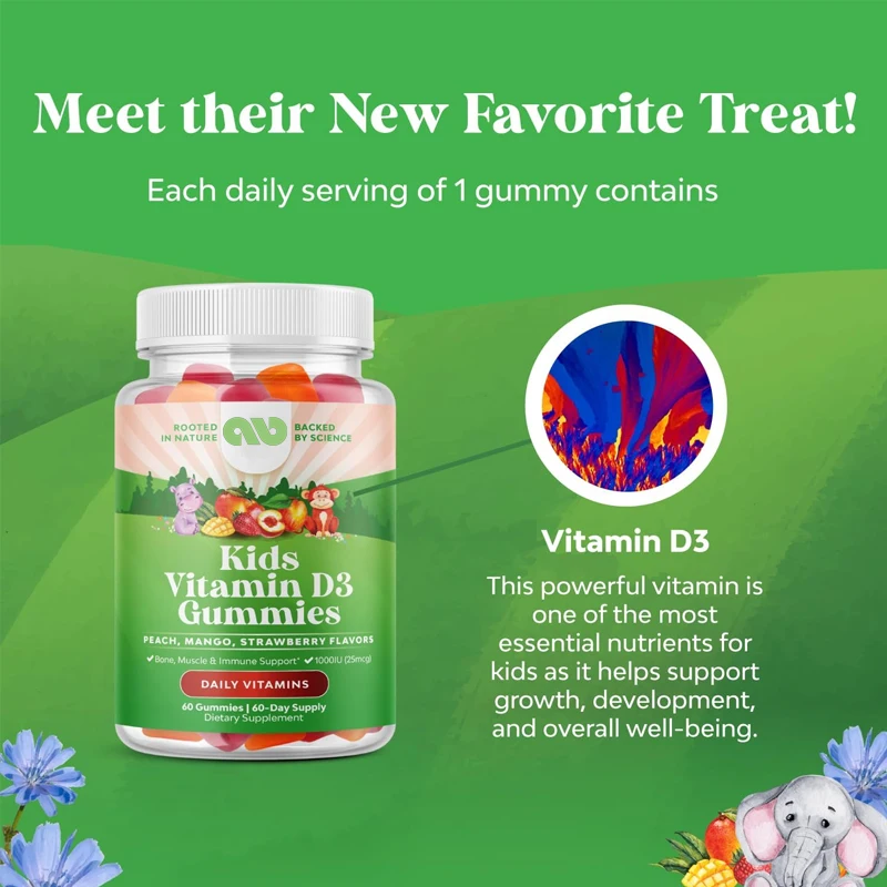 

Children Chewing Vitamin D Gummies - Supports Muscle, Tooth, and Bone Health - No Gelatin, 60 Gummies