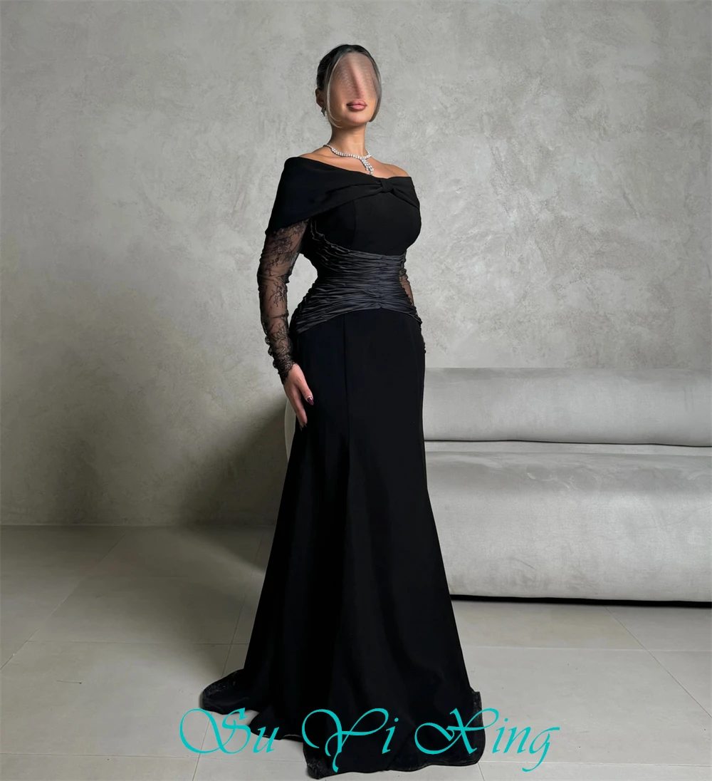 تخصيص بوهو الأسود جيرسي مساء اللباس الرسمي قارب الرقبة طويلة الأكمام حزب اللباس مثير حورية البحر قطار الاجتياح فساتين المشاهير #5