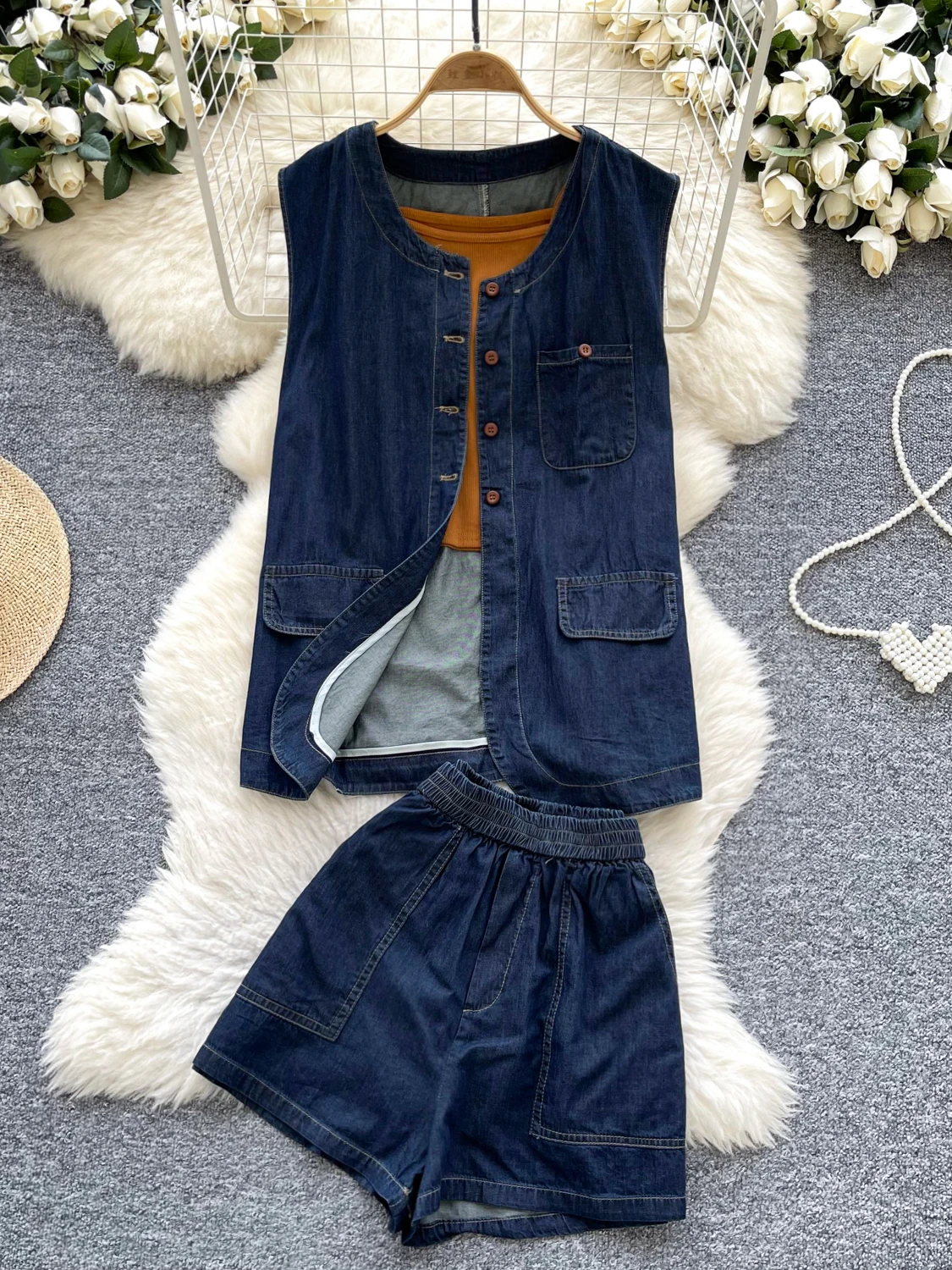 

Summer Casual Tee-piece Set Women's Small Size Loose Versatile Svel Denim Vest Strap Top High Waist Wide Leg Pants