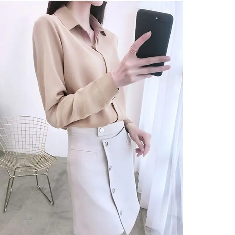 Spring New Basic All-match Shirt Tops Polo Neck Long Sleeve Solid Color Simplicity Office Blouse Elegant Fashion Women Clothing