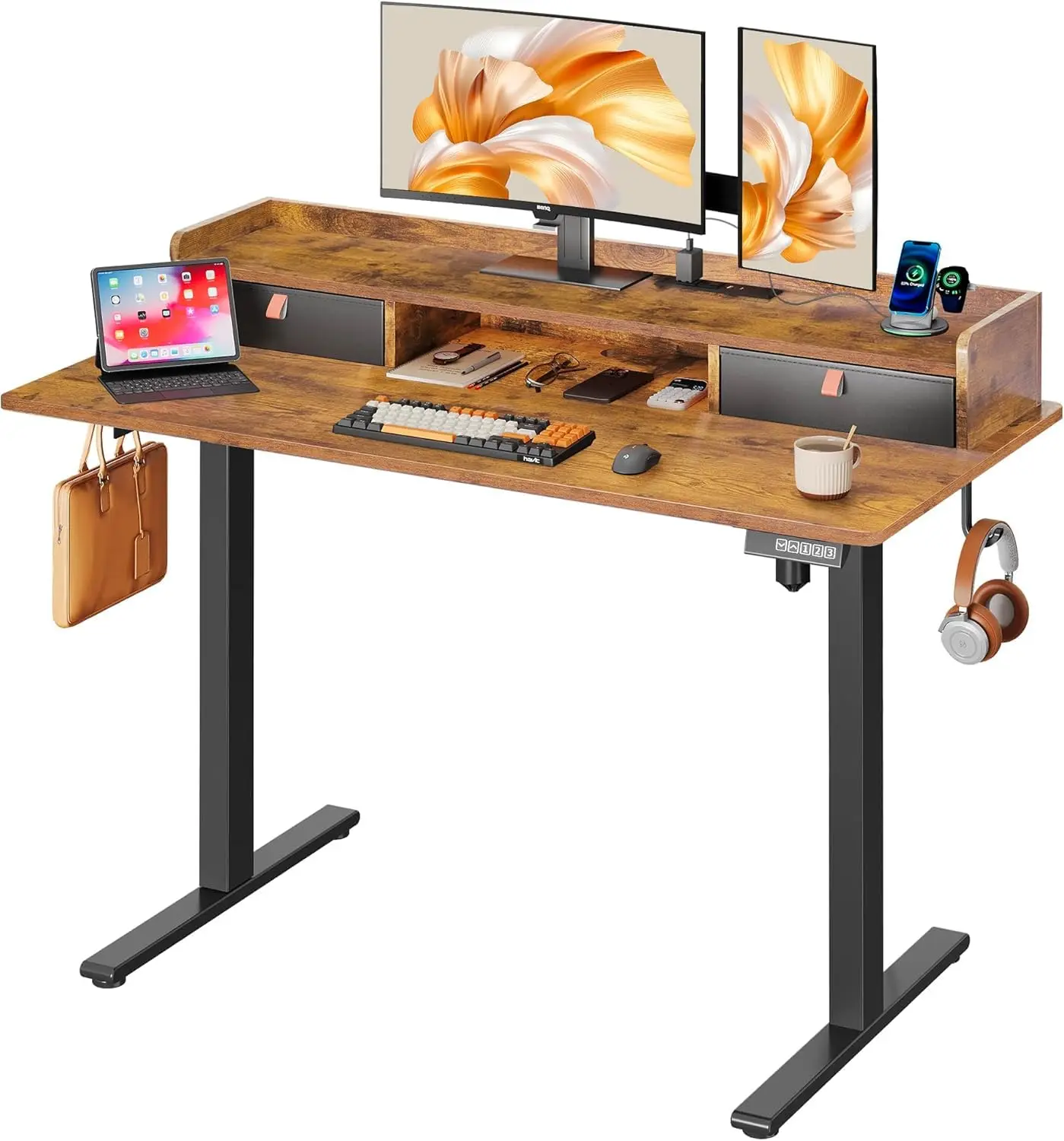 48 Inch Standing Desk with Shelf, Computer Desk, Rustic Brown | LED Touchscreen, Headphone Hook, 3 Memory Preset,, Customized