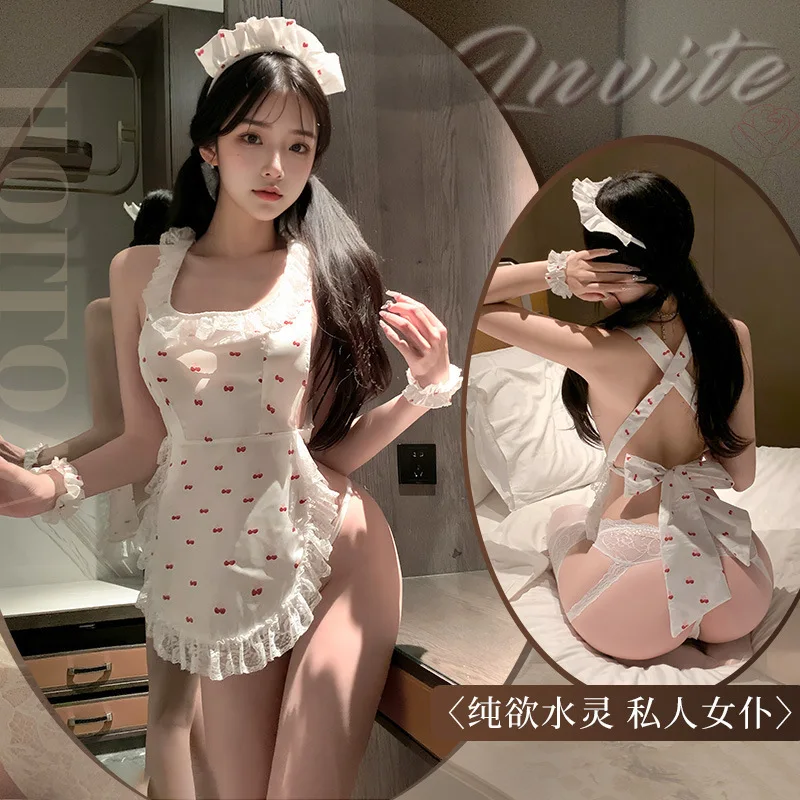 

Large Size Naughty Lolita Dress Maid Uniform Printed Cherry Bow Kawaii Maid Apron Pajamas Lingerie Cosplay Cafe Princess Dress