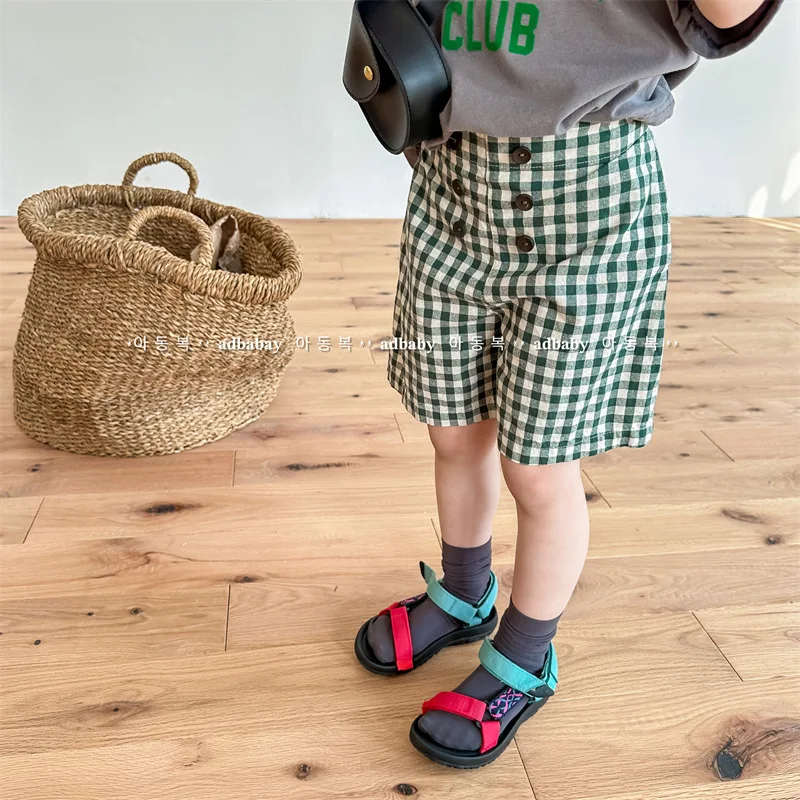 2025 Children's Clothing Summer New Girls' Korean Version Summer Clothing Linen Cotton Plaid High-waisted Shorts