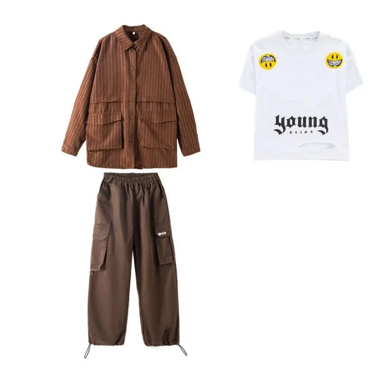 Brown Jacket Tops Joggers Pants For Girl Boy Jazz Dance Costume Kpop Clothes Kids Teen Cool Streetwear Hip Hop Clothing