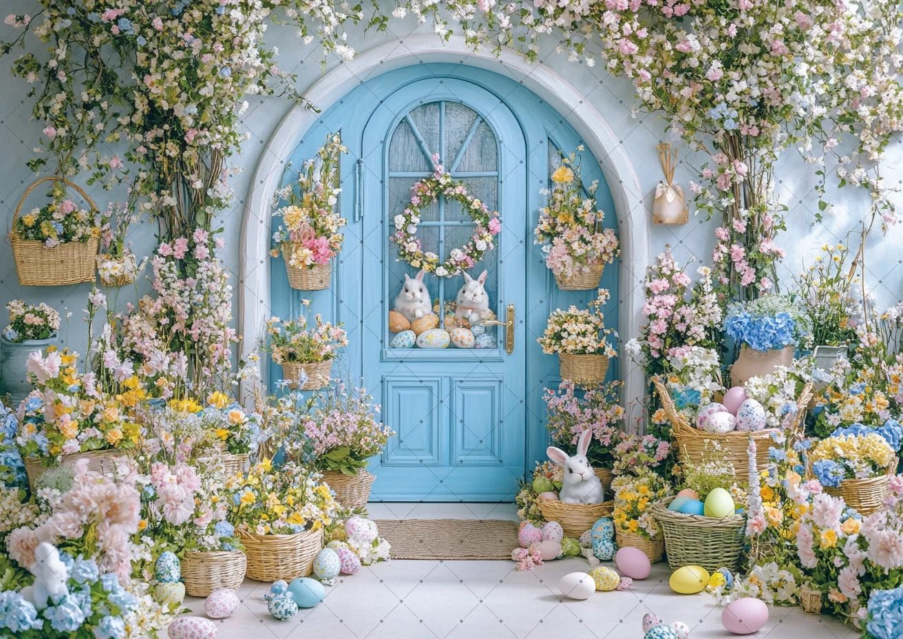 Easter Day Photography Backdrop Spring Flower Easter Rabbit Colorful Eggs Blue Cabinet Photocall Background Photo Studio Props