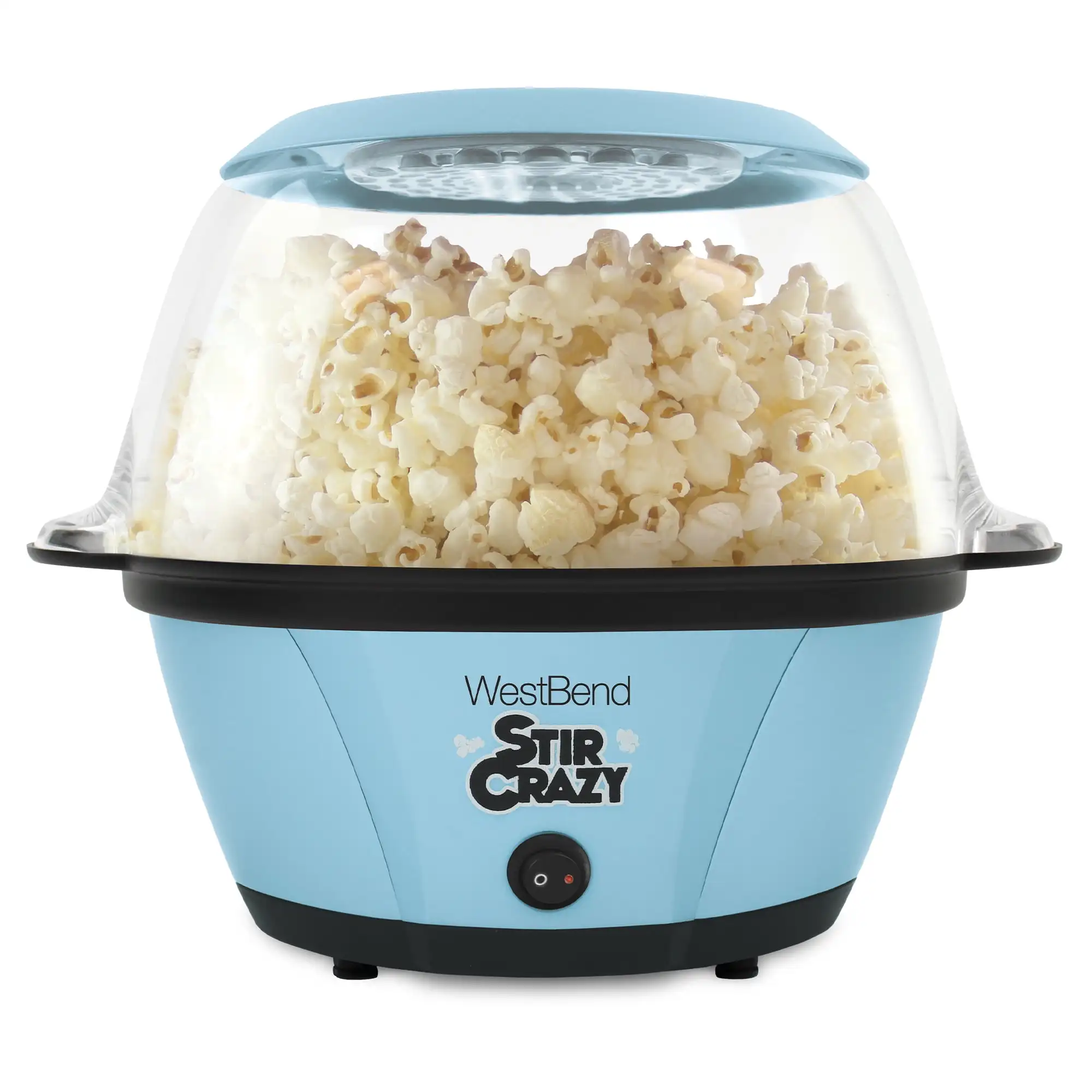 

Stir Crazy 6QT. Blue Stirring Popcorn Machine with Serving Bowl Stir Rod Technology Keeps Kernels Moving To Prevent Scorching