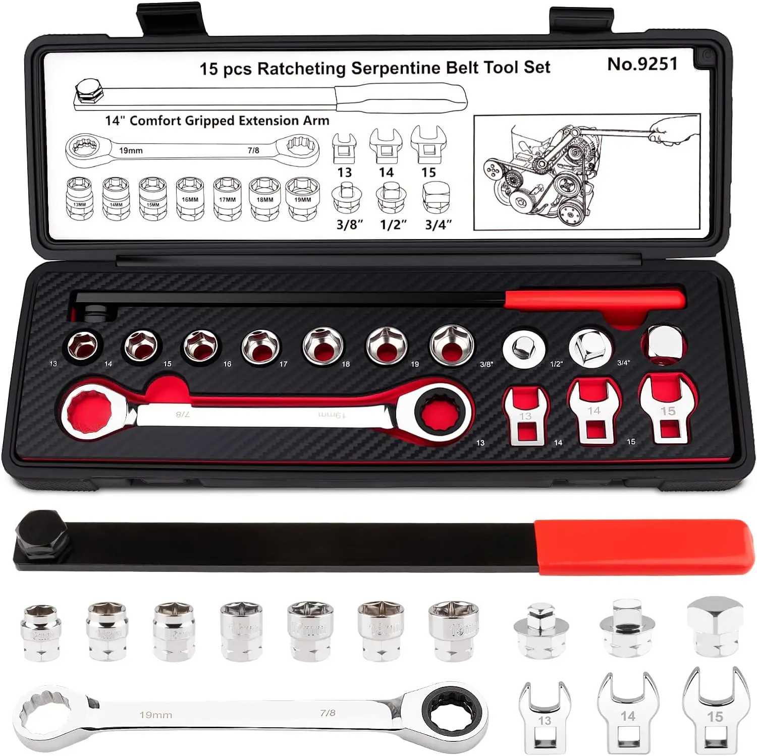 

Набор инструментов для змеевого ремня, 15 шт., натяжитель с храповым механизмом для автомобильных ремней