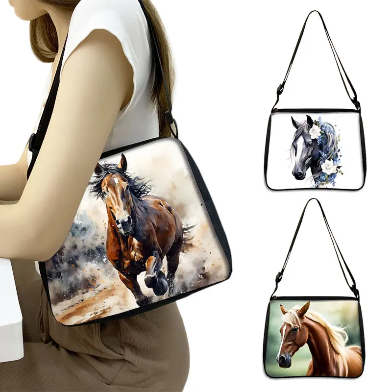 Bolso de hombro de lona para mujer y niña, bandolera de viaje con diseño de Animal y caballo, elegante