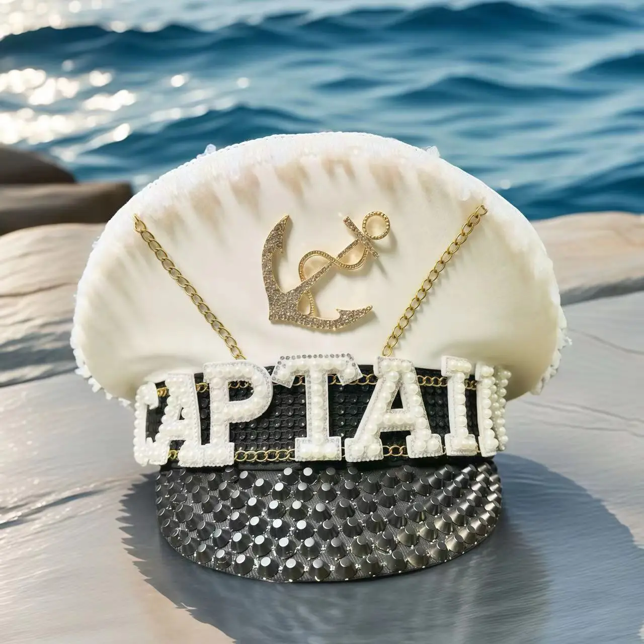 HongLuan Yellow Laser Leather Loop Captain Hat Rhinestone & Military Caps for Woman, Rave Festivals Accessories ＆ Party Cap Man