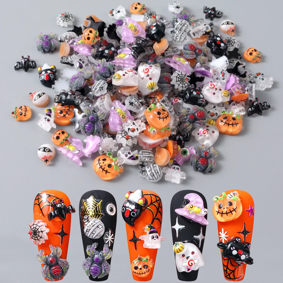 30/50/100 Uds. Bonitos dijes de resina para uñas de murciélago y calabaza, dibujos animados de terror, fantasma, momia, telaraña, otoño, Halloween, Festival, diseños de uñas