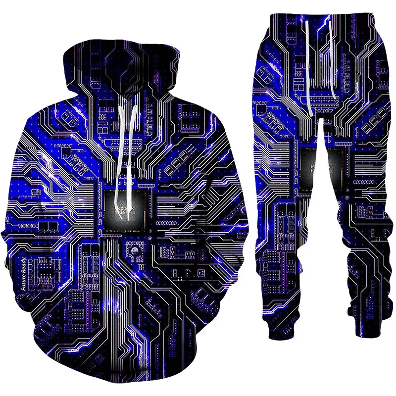 Lustige elektronische Chip 3d gedruckt Hoodie Anzug Männer Sweatshirts Jogging hose lässige Mode zweiteiligen Trainings anzug Set Herren bekleidung