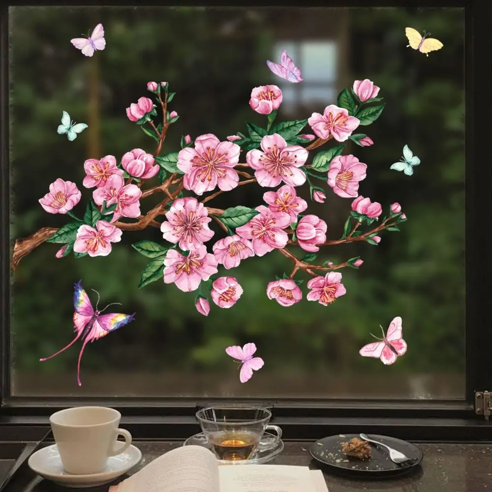 

Peach Blossom Window Stickers Unique Double-sided Visual Non Adhesive Static Stickers DIY Anti-collision Butterfly Decals Wall