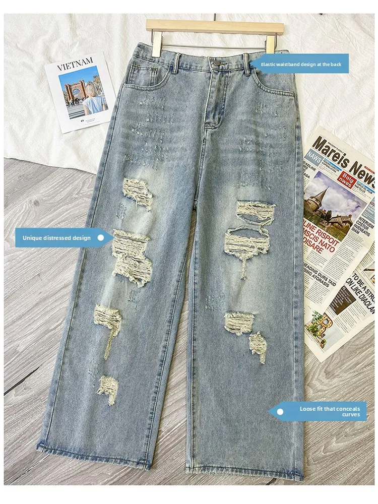 

plus Size Women's Jeans Summer Lightweight Hole Straight Leg High Waist Design Sense Blue Denim Pants for Heavy Women