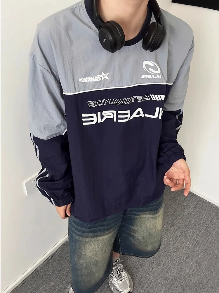 

Мужская свободная толстовка с длинными рукавами в американском уличном стиле, с графическим принтом, цветными блоками, молодежная, модная, из полиэстера.