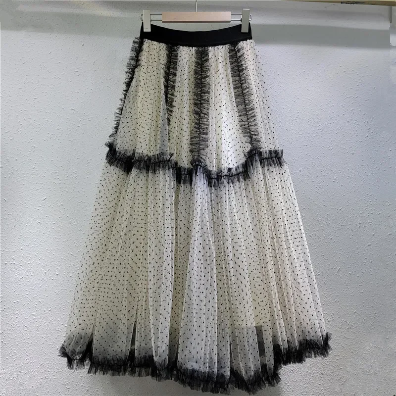 

Elegant Women's Polka Dot Pleated Mesh A Line Skirt High Waist Ladies Dress Fashion 2025 Summer Sweet Skirts High Street Party